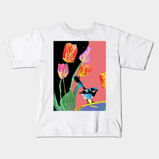 Abstract Blue Wren and Tulips Painting - on Multicoloured Black Pattern Kids T-Shirt